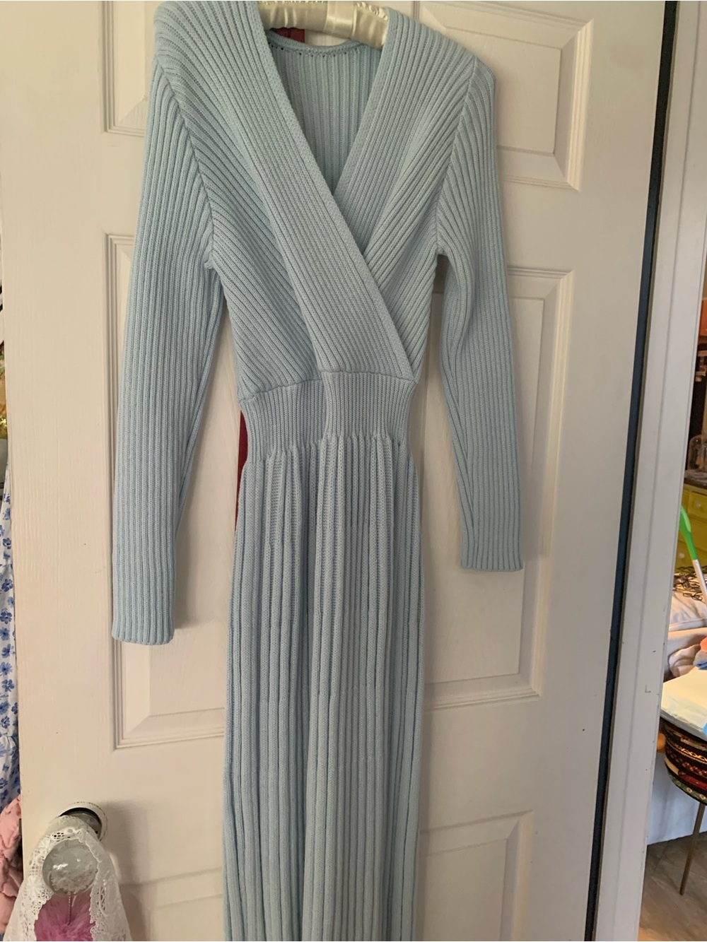 Light Blue Ribbed Wrap Maxi Dress